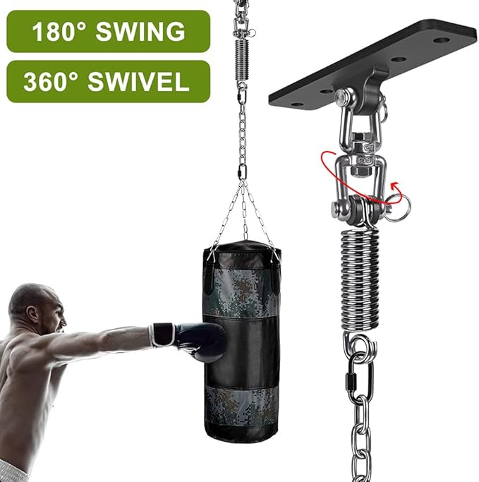 Dolibest Hammock Chair Hanging Kit Heavy Duty Swing Hanger with Spring and 39 Chain Indoor Outdoor Playground Hanging Hammock Punching Bags 360+180° Rotation Easy to Install Black