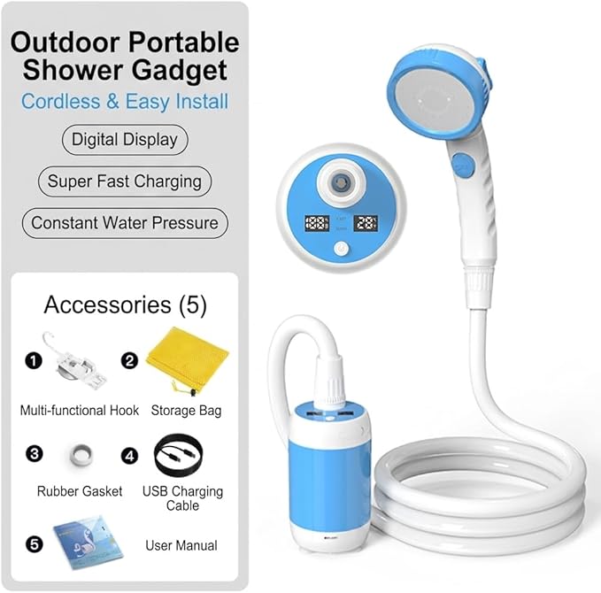 Iron Hammer Portable Outdoor Shower System with Intelligent Digital Display IPX7 Waterproof Camping Shower 5200mAh Rechargeable Battery 3 Water Discharge Modes &amp Real-Time Temperature Monitorin
