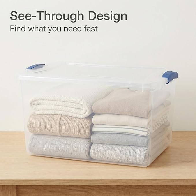 66 Qt Storage Bins with Lids 2 Pack Large Clear Plastic Storage Containers with Secure Blue Latches Stackable Clear Totes for Sports Equipment