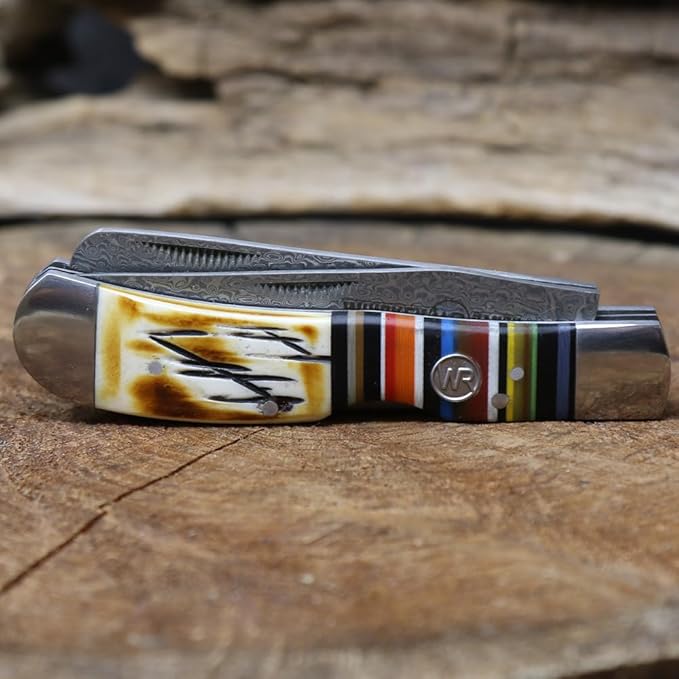 WHISKEY BENT HAT CO. Trapper &amp Locking Bullcutter Folding Pocket Knife 4.125 Closed Length 440C Stainless Steel Blades (Bandito - Damsascus Blades)