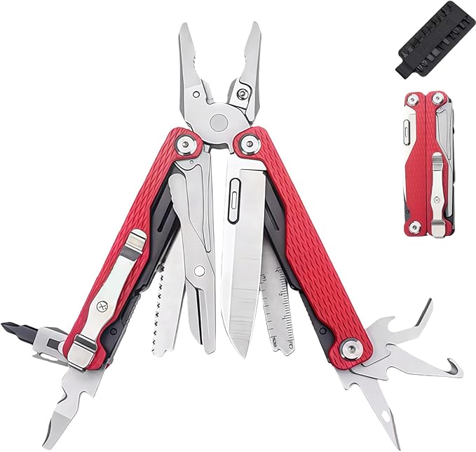 Multitool 20-in-1 Full-Size Multi-Purpose Pliers Lightweight EDC Tactical Gear With Safety Locking Camping Knives &amp Tools Gifts for Guys Gifts for Hunters Men who have Everything (Red)