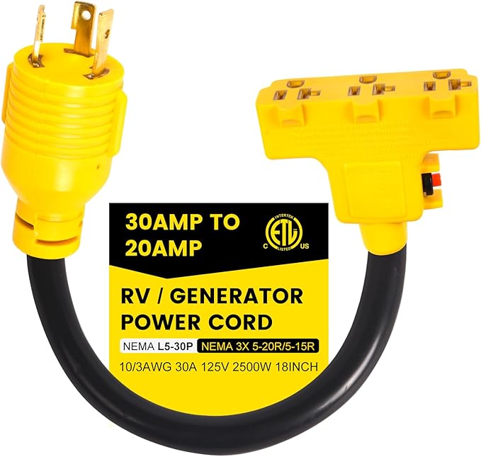 Overload Protector 30 Amp to 110 Adapter Generator Power Cord Shore Power 30 Amp to 15 Amp/20 Amp Adapter Marine NEMA L5-30P to 3X 5-15R/5-20R RV Generator Adapter 1.5FT