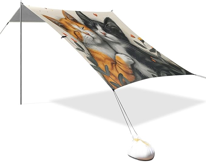 ALAZA Cute Cat Valentine Beach Tent Sun Shelter UPF50+ Protection Beach Shade Canopy w/ 4 Sandbags for Outdoor Camping Fishing Backyard Fun Picnic 10x9 ft