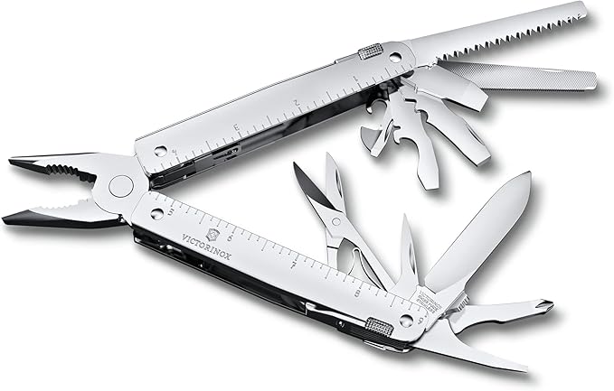 Victorinox Swiss Tool MX Swiss Army Knife 26 Function Swiss Made Multitool with Large Blade Pliers and Wire Cutter - Silver with Nylon Pouch