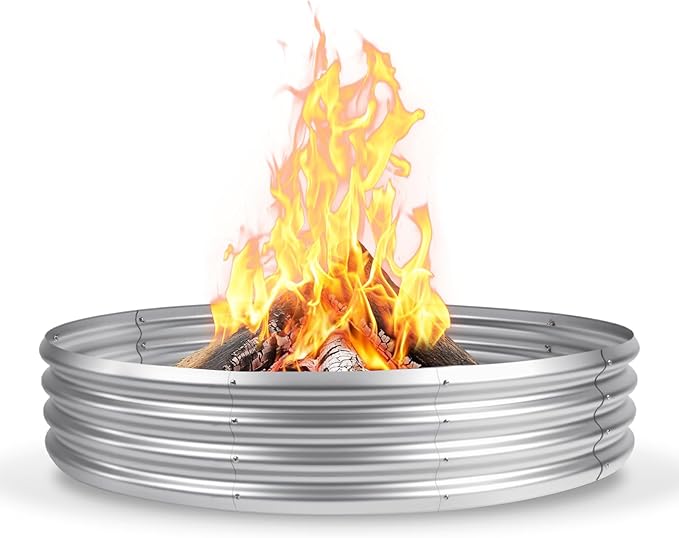 60 Inch Fire Pit Ring for Outside 5FT Diameter Wood Burning Fire Ring Large Round Galvanized Steel Fire Pit Metal Outdoor Fireplace for Backyard Patio Camping Bonfire (Silver)