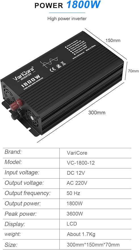 1800W Pure Sine Wave Inverter 24VDC to AC 220V Converter for Home RV Truck Camping Off-Grid Solar Power Inverter with LCD Display Showing Real-time Status Surge (24V-1800W)