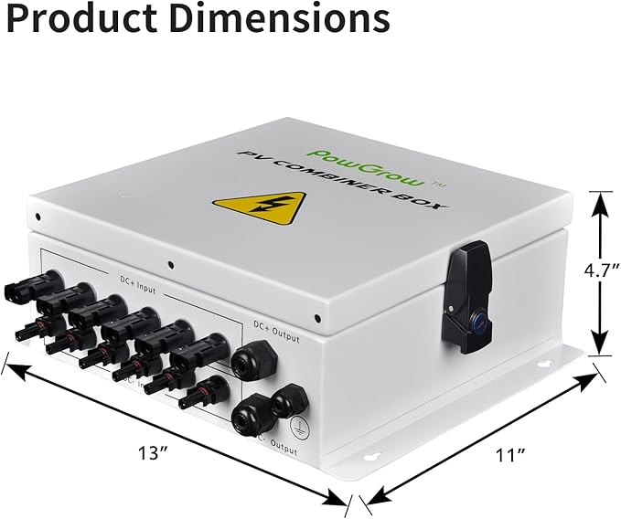 PV Combiner Box 6 String Solar Combiner Box with 15A Rated Current Fuse Surge Protective Device and 63A Air Circuit Breaker for On/Off Grid Solar Panel System Pre-Wired Cable Metal Box
