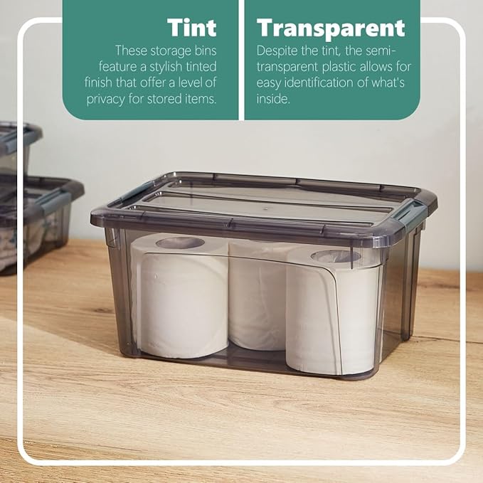 Tribello 6 Quart Storage Containers with Lids Plastic Storage Bins with Latching Lids For Organizing - Tinted - (11.5’ x 8” x 6”) - Set of 4 - Made in EU