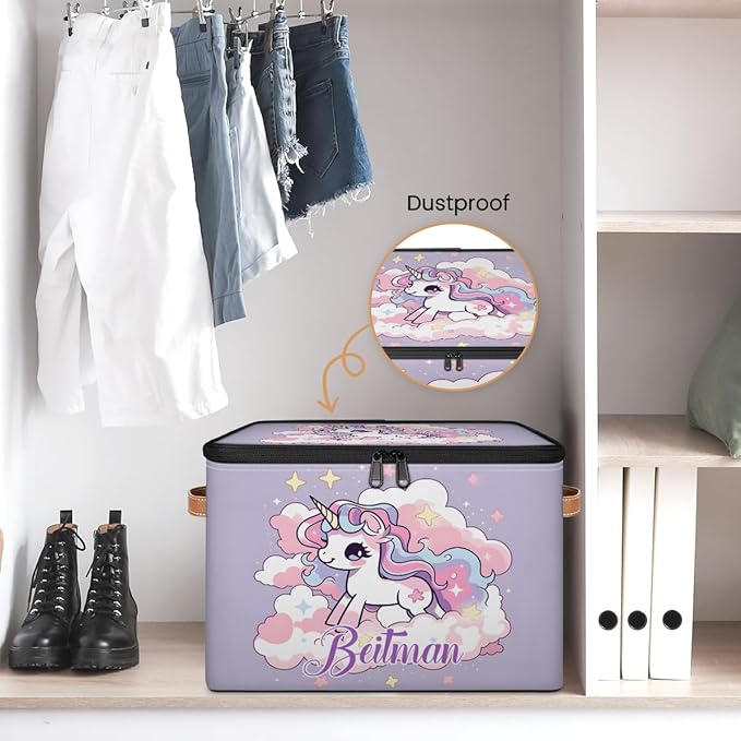 Storage-Bins with Lids Handle Customized Stackable-Storage-Bin for Kids-Boys-Girls-Toys Cube Collapsibl Basket Purple Unicorn