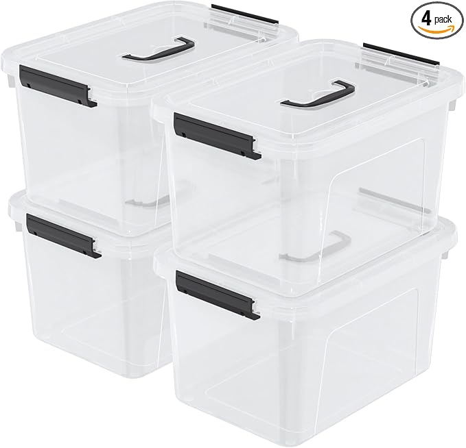 Wekioger 20 Quart Clear Plastic Lidded Storage Box with Latch Handle 4 Packs Containers Bins for Storage