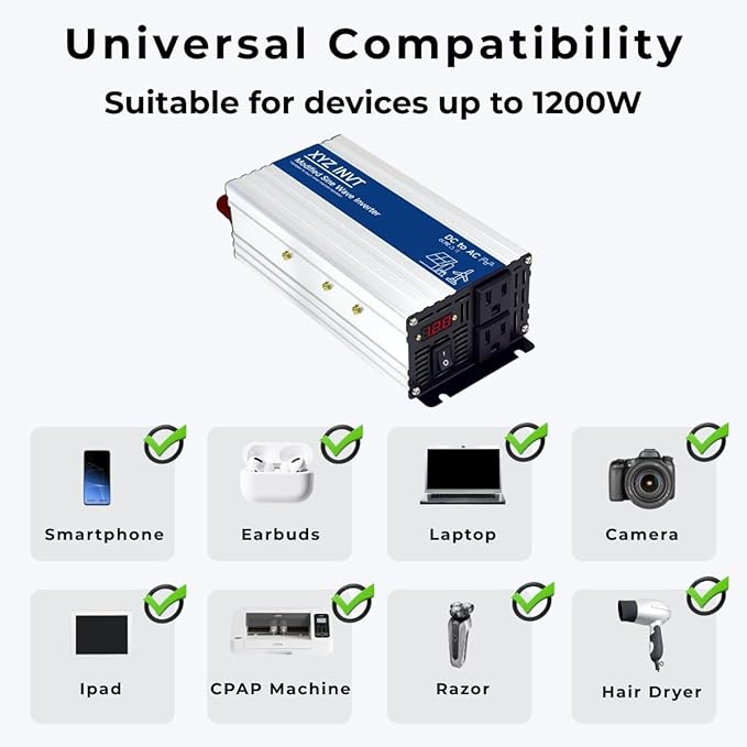 1200W Power Inverter 12V DC to 110V 120V AC Modified Sine Wave Car Power Inverter with 2 AC Outlets and LED Display for Vehicles Truck RV Home Emergency Camping Off-Grid Over 90% Efficiency