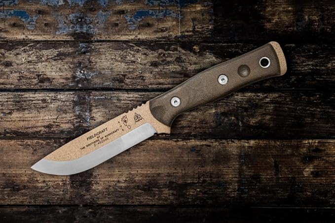 Tops Knives Fieldcraft by Brothers of Bushcraft Full Tage Fixed Blade- Coyote Tan Coating Finish- Coyote Tan Kydex Sheath w/Rotating Spring Steel (Green Canvas Micarta Handle)