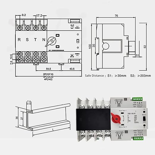 Dual Power Automatic Transfer Switch - 4P 100A 220V Changeover Switch with Automatic Transfer and Electronic Power Circuit Breaker