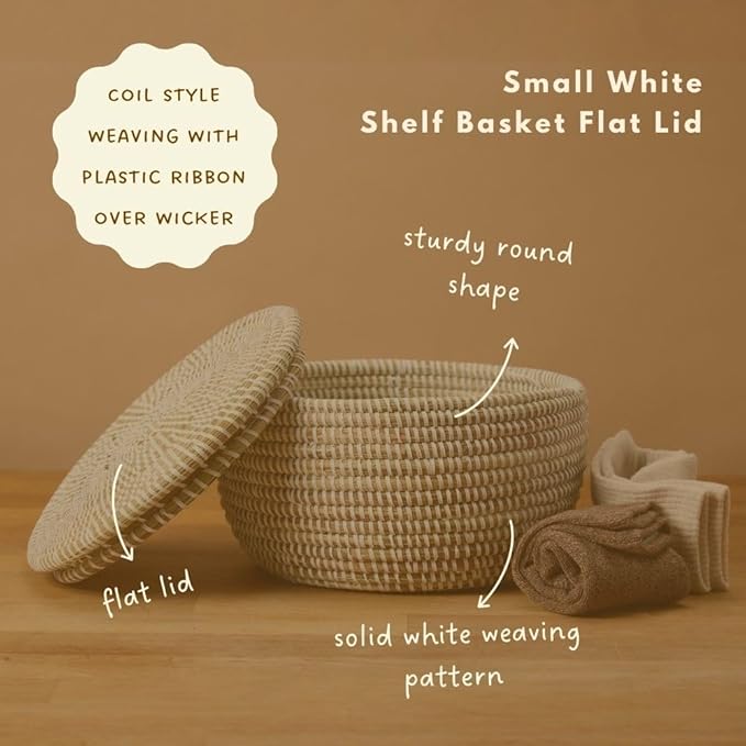 Small Woven Basket with Lid White Flat Lid 10 Inch Wide