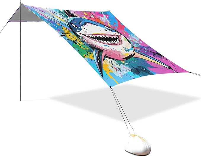 Funny Sharks Beach Canopy UPF50+ Protection Lightweight Shade Sun Shelter with Sand Pockets for Camping Picnics Backyard