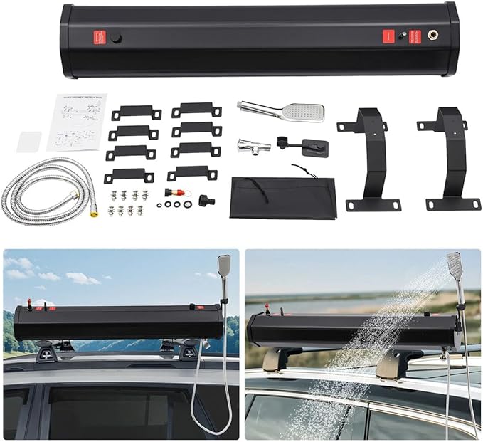 4.8/5.3/7.9 Gallon Pressurized Water Tank Camping Roof Rack Mount Road Shower with 4.92ft Water Pipe &amp Shower Headt Portable Camping Shower for Vehicle Truck SUV Sedan RV 20L/5.3Gallon