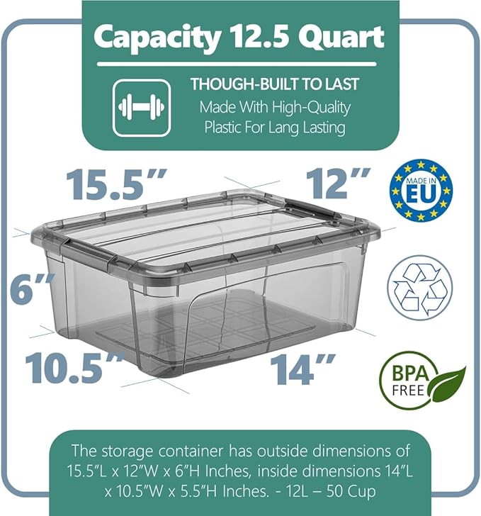 Tribello Bulk Plastic Latching Storage Container Bin With With Lids For Organizing - Tinted - Made in EU (6 Pack 12.5 Quarts)