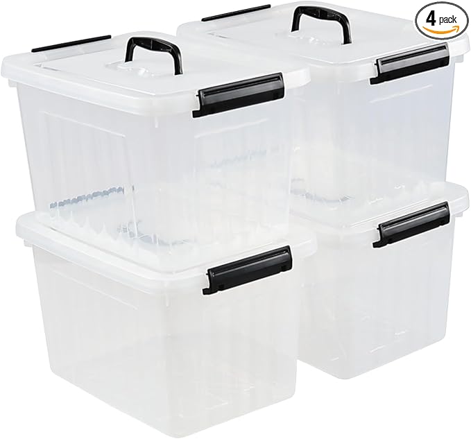 12 L Plastic Storage Bin with Lid Clear Latching Storage Box 4 Packs