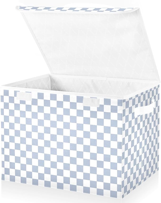 Light Blue White Checkerboard Storage Baskets Lidded Bin Foldable Storage Boxes Cubes Lids with 2 Handles for Organizing Closet Home Office
