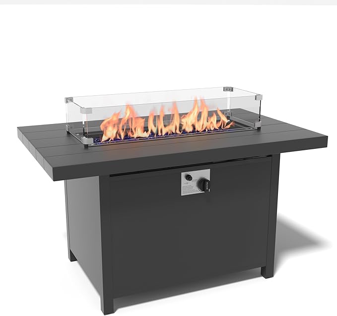 Kurapika Aluminum Propane Fire Pit Table 45 Inch 55000 BTU Auto-Ignition CSA Certification Outdoor Gas Fire Pits with Slide Out Tank Holder Outdoor Fire Tables Wider Desktop Windshield and Lid