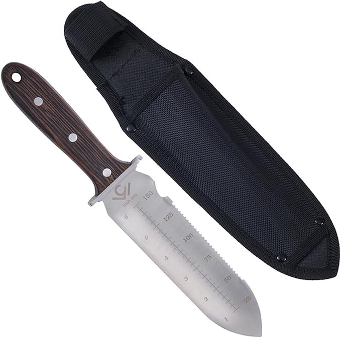 TerraBlade Hori Hori Knife – Heavy-Duty Steel Outdoor Tool with Black Wood Handle for Digging Cutting and Camping