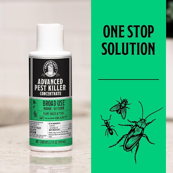 Grandpa Gus's Advanced Pest Killer Concentrate Indoor &amp Outdoor Bug Spray Ants Roaches Flies Spiders Fleas Gnats Silverfish Moths Kid &amp Pet Safe When Used as Directed - 2 Pack 3.7 o