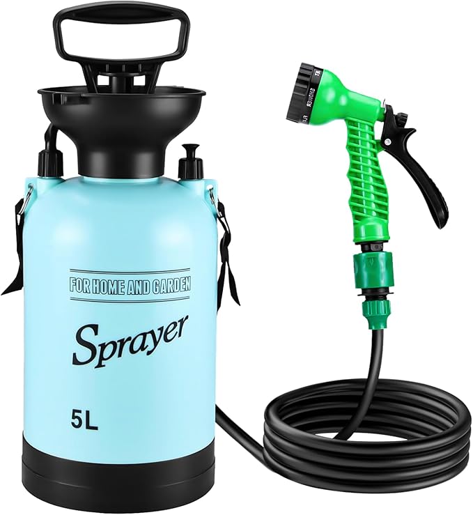 Vevitts Portable Pressure Sprayer Shower 5L for Camping with 7 Spray Modes Hand Press Camping Shower with Hose and Shower Head Hiking Traveling Shower Garden Sprayer Pet Shower Blue