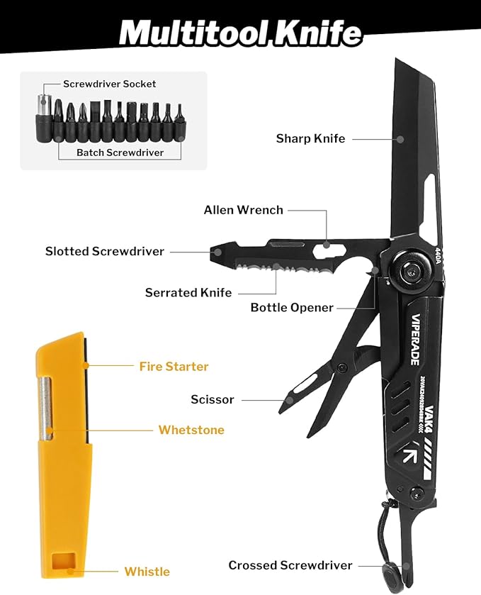 VIPERADE VAK4 Multitool Pocket Knife for Men Multifunctional 21-in-1 Multitool Pocket Knife with Pouch Outdoor Camping Survival and Everyday Use (K4-Black)