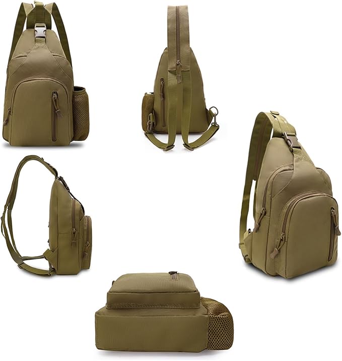 Military Casual Chest Sling Bags with Water Bottle Holder Lightweight Crossbody Daypack(Khaki)