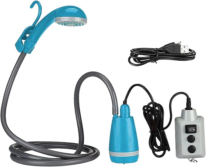 Camping Shower with Electric Pump for Outdoor Use USB Rechargeable Blue