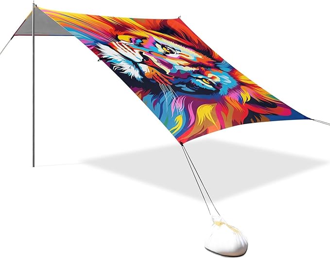 ALAZA Lion Colorful Art Animal Beach Tent Sun Shelter UPF50+ Protection Beach Shade Canopy w/ 4 Sandbags for Outdoor Camping Fishing Backyard Fun Picnic 10x9 ft
