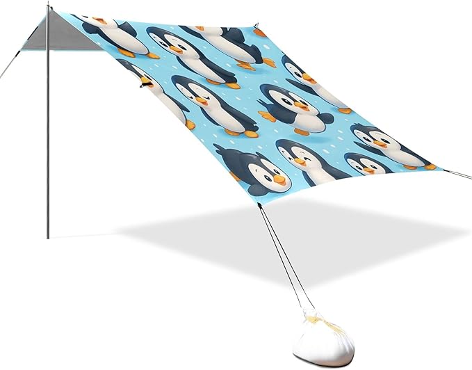 Penguin Beach Canopy Sun Shelter with Sandbags &amp Sand Shovel &amp Windproof Ropes - Portable 110x126 Beach Shade Beach Tent for Camping Picnics