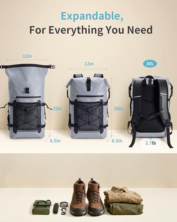 ECOHUB Waterproof Backpack for Women Men 30L Roll-Top Closure Heavy Duty Dry Bag for Travel with IPX8 Waterproof Phone Case