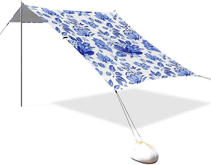 Beach Canopy with Windproof Ropes &amp Sandbags Beach Tent Sun Shade Sun Shelter for Camping Trips Fishing Backyard Fun or Picnics Blue Flowers