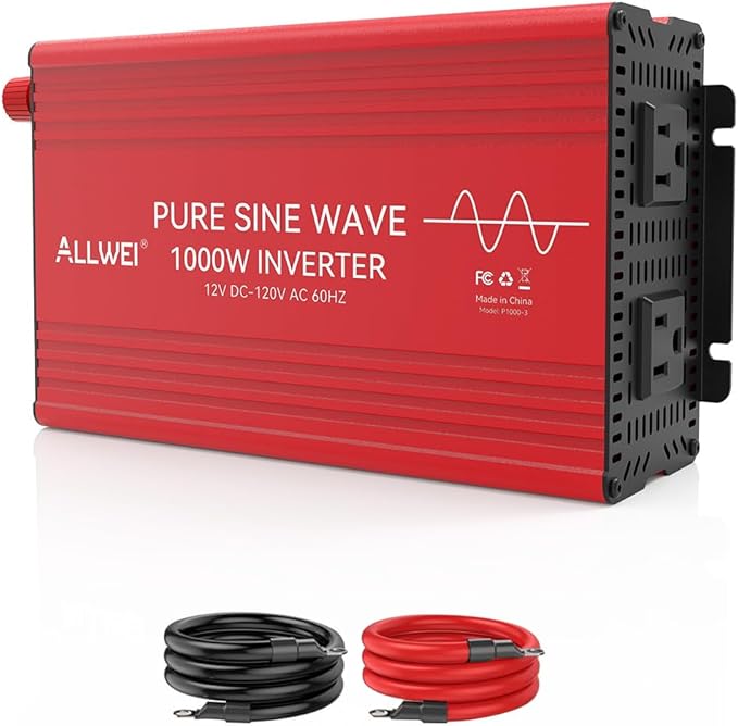 ALLWEI Pure Sine Wave Inverter - 1000 Watt Inverters 12V DC to 110V/120V AC Converter for Home RV Truck Off-Grid Solar Car Power Inverter with 2 Sockets Power Inverters for Vehicles 2000W Peak