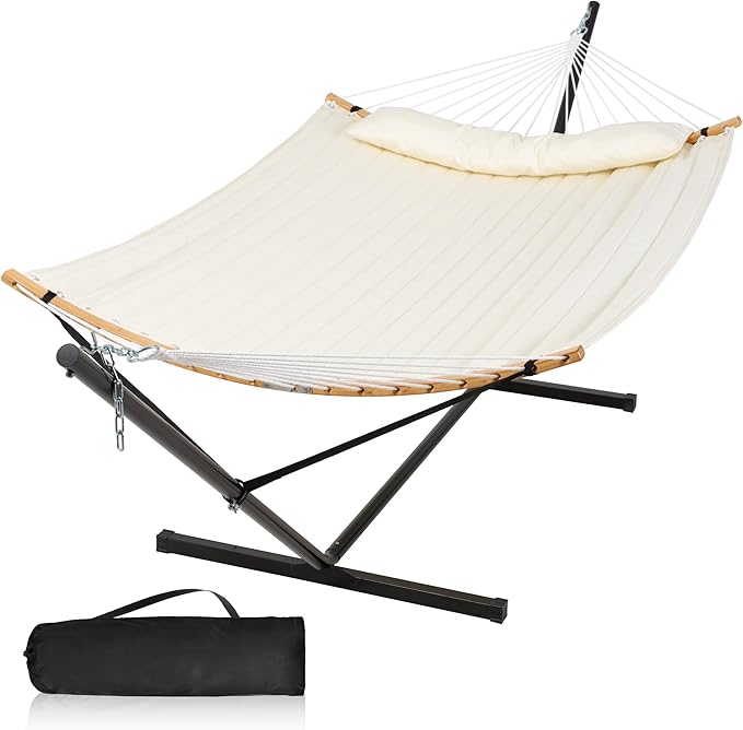 Outdoor Hammock with Stand Included Two Person Hammock with Curved Spreader Bar Pillow and Portable Bag 450 Lbs Capacity Beige