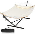 Outdoor Hammock with Stand Included Two Person Hammock with Curved Spreader Bar Pillow and Portable Bag 450 Lbs Capacity Beige