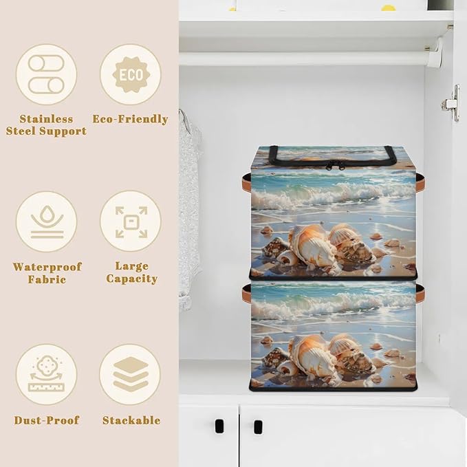 Shell Beach Storage Bins with Zipper Lid 2pcs Stackable Storage Baskets Boxes with Metal Frame Closet Storage Cube Bin Organizer with PU Handles Clothes Storage Bag