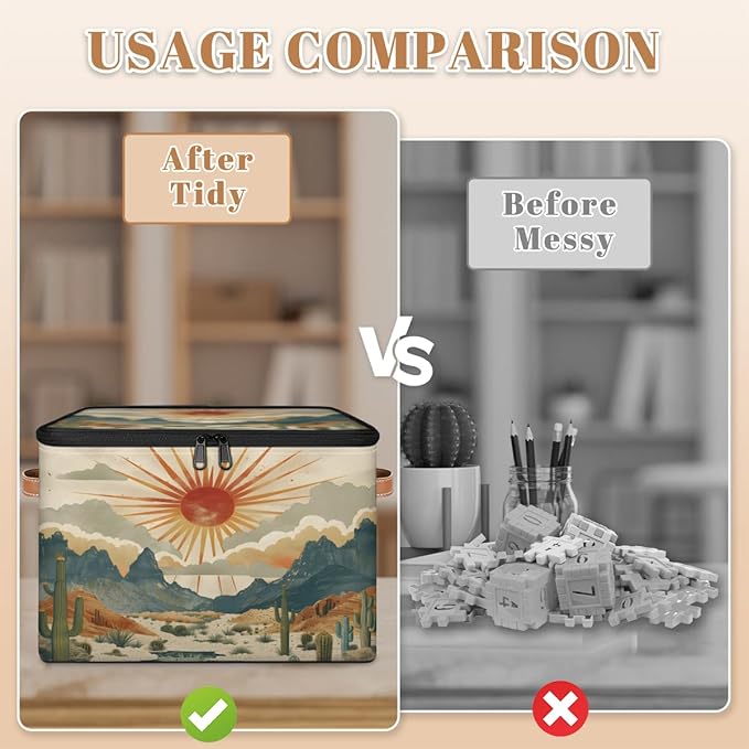 Cactus Storage Bins with Lids Desert Sunset Fabric Storage Boxes with Zipper Collapsible Decorative Closet Organizer Cube for Clothes Organizing Shelves