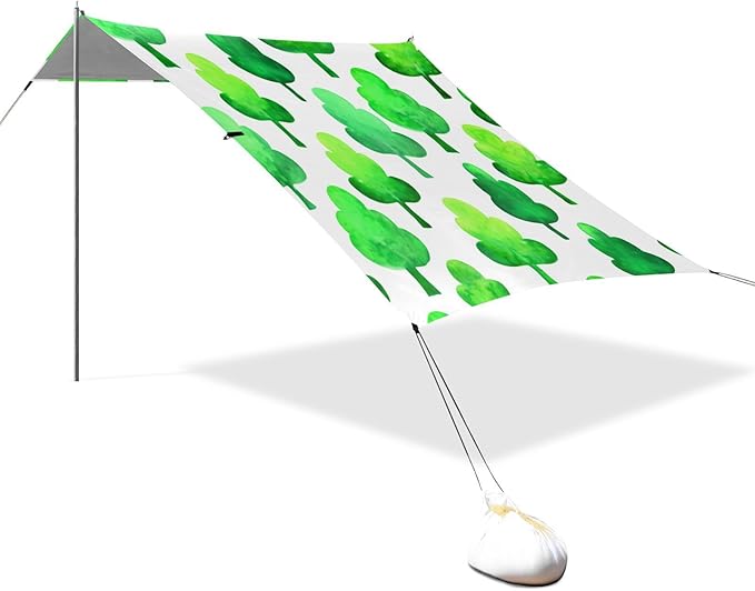 Beach Canopy with Windproof Ropes &amp Sandbags Beach Tent Sun Shade Sun Shelter for Camping Trips Fishing Backyard Fun or Picnics Green Trees