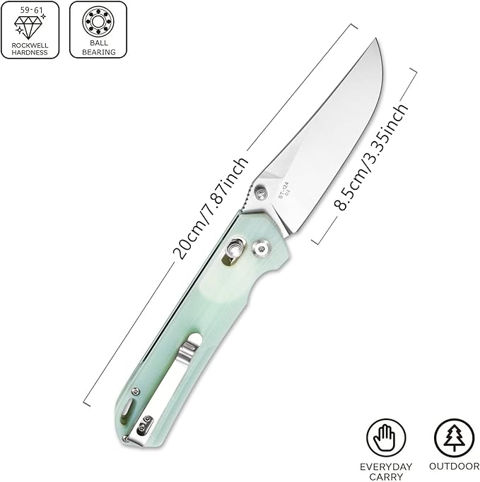 Sitivien ST124 Folding Knife D2 Steel+G10 HandleBall Bearing Pivot Axis lock with Pocket Clip for CampingOutdoor EDC Knife Tool-Jade