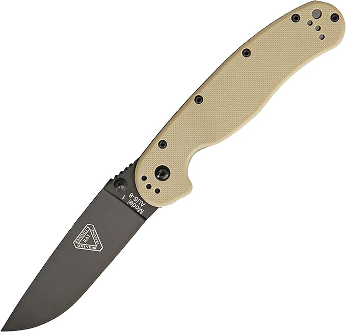 Ontario Knife Company Rat I Folding Pocket Knife Black Coated AUS-8 Stainless Steel Drop Point Blade Desert Tan Nylon Handle Knife Everyday Carry Knife – ON8846DT