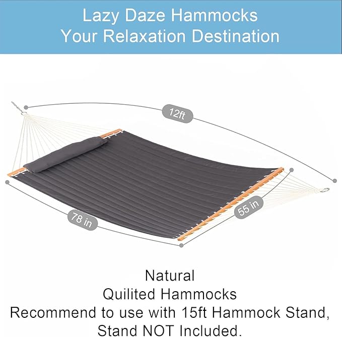 Lazy Daze Hammocks 12 FT Double Quilted Fabric Hammock with Spreader Bar and Detachable Pillow 2 Person Double for Outside Patio Poolside Backyard Beach 450lbs Capacity Gray