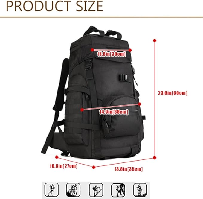 Huntvp 55L Tactical Military MOLLE Backpack Rucksack (Black)