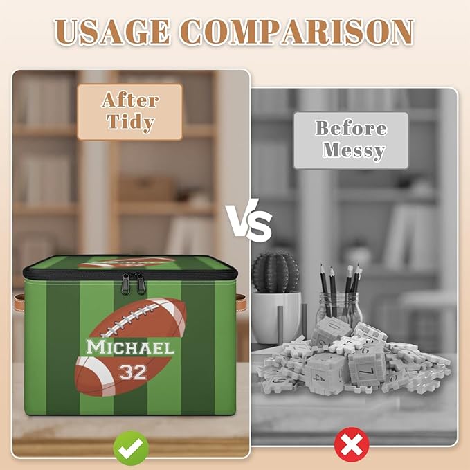 Custom Storage Bins with Zipper Lid Football Personalized Foldable Storage Baskets Green Stripes Closet Shelf Clothes Organizer Cube with PU Leather Handles