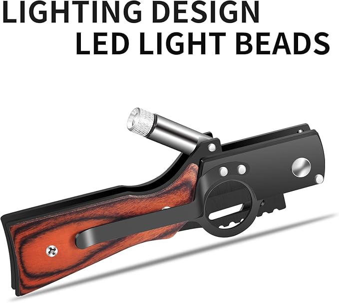 AK47 Style Tactical Folding Pocket Knife（Black） 6-Pack – Bulk Set with LED Light Wood Handle Laser Engraving Ready Best Man Gifts Outdoor Camping Hiking Gear for Groups (6)