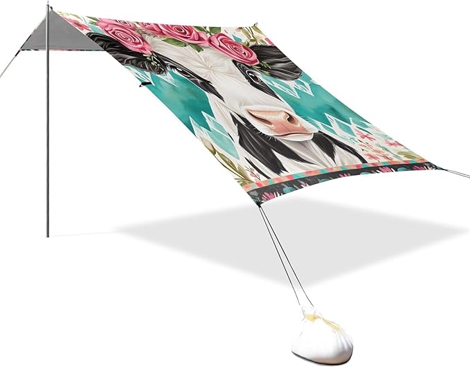 ALAZA Cow Roses Beach Tent Sun Shelter Portable Canopy Sunshade for Outdoor Camping Picnics Backyard Fun 10x9 ft