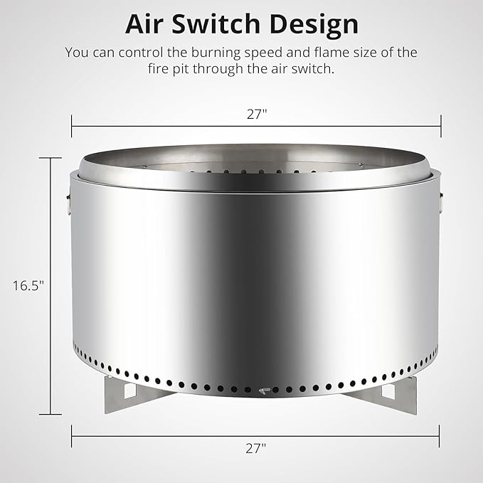 27 Inch Stainless Steel Smokeless Outdoor Fire Pit Burning Wood ParticlesCoal Removable Stand and Ash Pan Perfect for Bonfire Camping Picnic Family Gatherings for Garden