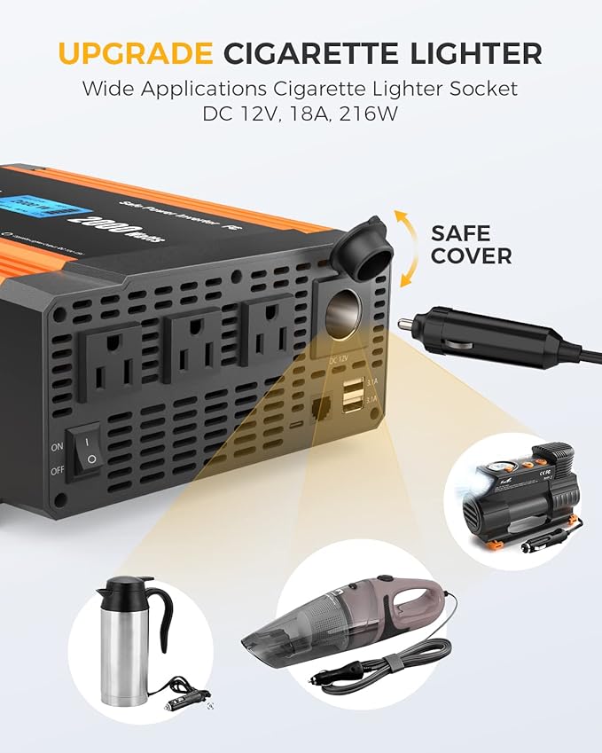Ampeak 2000W Power Inverter 6.2A Dual USB Ports 3AC Outlets Stable Voltage Output Inverter DC 12V to AC 120V 17 Protections for Truck Hurricane Rv