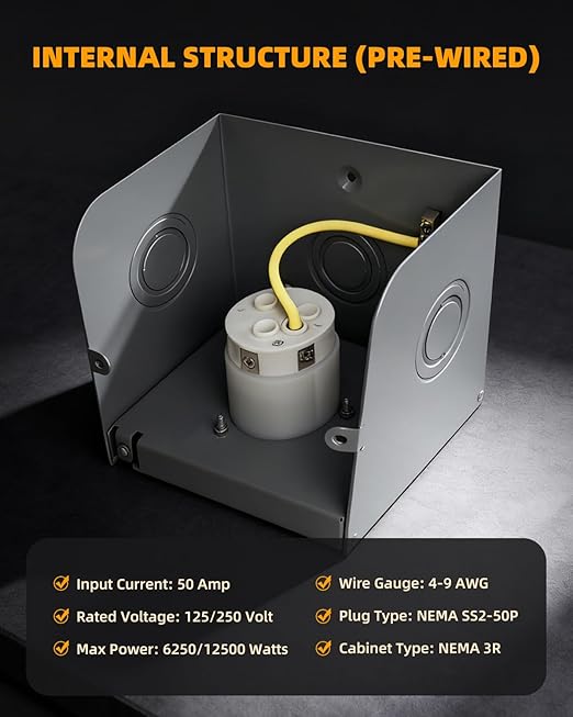 50 Amp Generator Inlet Box NEMA SS2-50P Power Inlet Box for 3-Prong Generator Cord 125/250V 6250/12500W 50A Generator Plug Weatherproof Outdoor Use